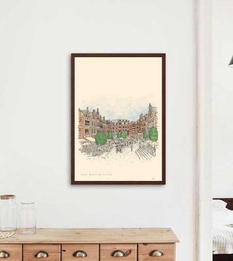 Poster featuring a detailed illustration of Leuven’s iconic square Oude Markt, with the text “Oude Markt • Leuven” on a cream background.