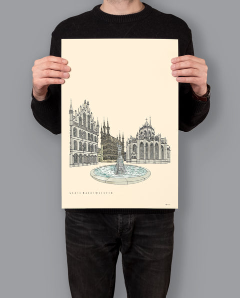 Poster featuring a detailed illustration of Leuven’s iconic square Grote Markt, with the text “Grote Markt • Leuven” on a cream background.