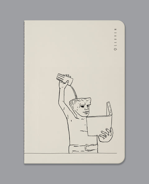 Notebook with a black line art illustration of Leuven city symbol, Fonske.