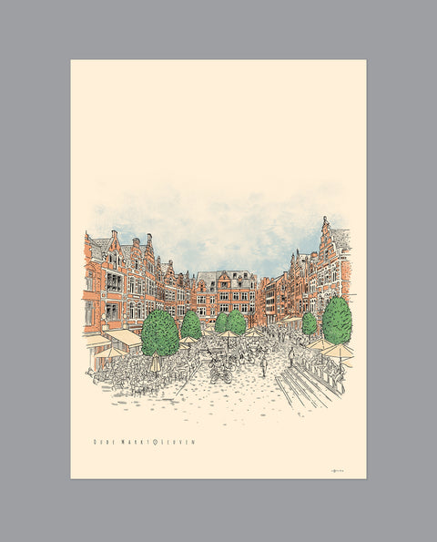 Poster featuring a detailed illustration of Leuven’s iconic square Oude Markt, with the text “Oude Markt • Leuven” on a cream background.