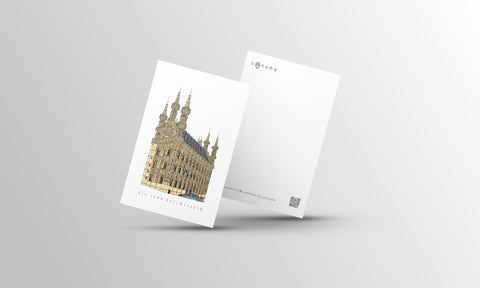 Postcard featuring a detailed illustration of the Old Town Hall, with the text “ Old Town Hall• Leuven” printed below on textured white cardstock.