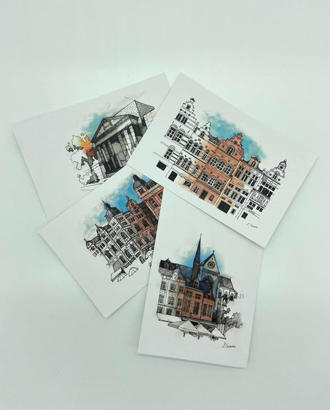 Set of 4 illustrated postcards featuring urban sketches of Leuven’s landmarks.