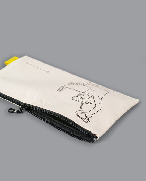 The canvas zipper pouch features a minimalist line drawing of the Fonske statue in Leuven, with "Leuven" and Catchy branding.