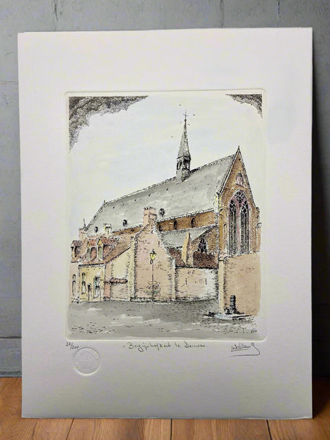 Limited-edition etching of Begijnhofkerk, Groot Begijnhof in Leuven by Belgian artist André Wellens. Handmade using traditional acid etching on eco-friendly paper. A rare collector’s piece, individually signed and numbered, with no reprints available. Perfect gift for architecture and fine art lovers.