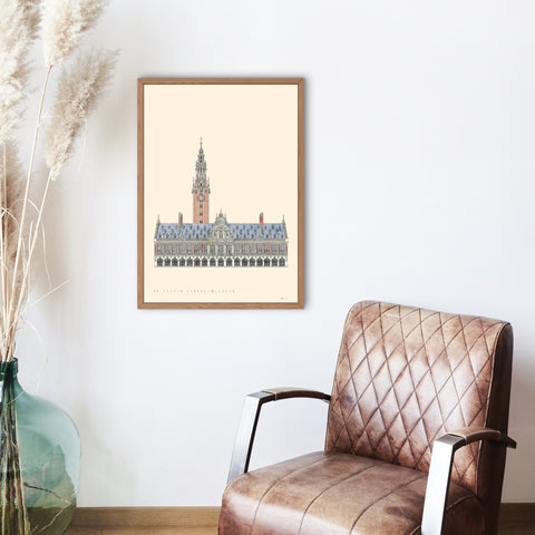 Poster featuring a detailed architectural illustration of Leuven’s University Library with the text “KU Leuven Library • Leuven” on a cream background.