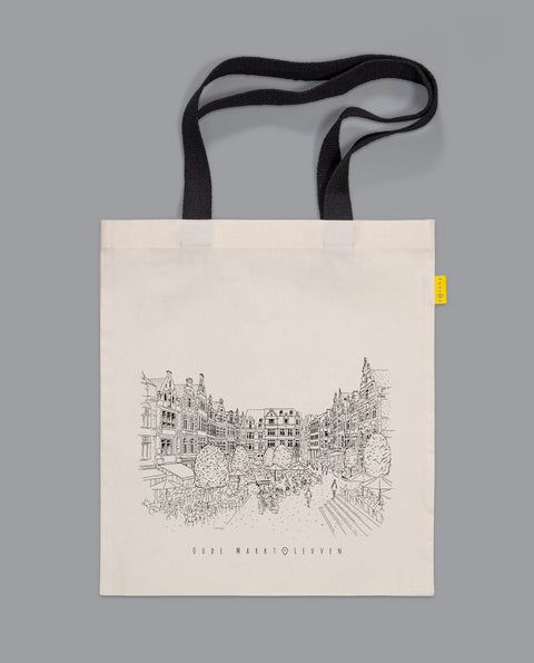 Canvas tote bag with black handles featuring a line art illustration of Leuven’s famaous landmark, Oude Markt. Oude Mark is the longest bar of the Leuven.