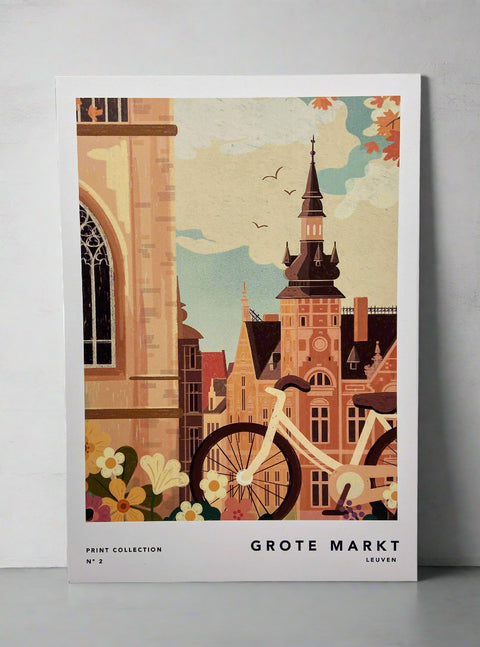 Illustrated print of Leuven featuring iconic landmark, Grote Markt, with charming details. 