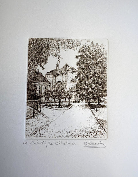 Limited edition etching of Abdij van Vlierbeek in Leuven by Belgian artist André Wellens. Handmade using traditional acid etching on eco-friendly paper. A rare collector’s piece, individually signed and numbered, with no reprints available. Perfect gift for architecture and fine art lovers.