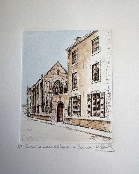 Limited-edition etching of Amerikaans College in Leuven by Belgian artist André Wellens. Handmade using traditional acid etching on eco-friendly paper. A rare collector’s piece, individually signed and numbered, with no reprints available. Perfect gift for architecture and fine art lovers.