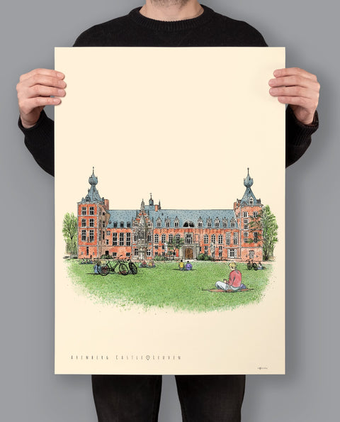 Poster featuring a detailed architectural illustration of Leuven’s Arenberg Castle, with the text “Arenberg Castle • Leuven” on a cream background.