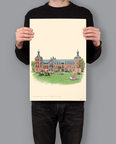 Poster featuring a detailed architectural illustration of Leuven’s Arenberg Castle, with the text “Arenberg Castle • Leuven” on a cream background.