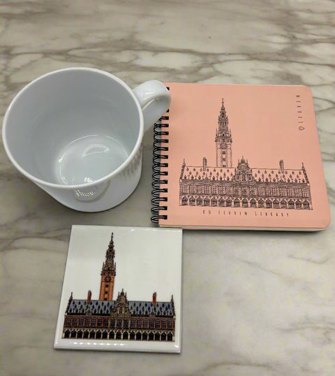 Ceramic coaster featuring a detailed illustration of the University Library and tower on a glossy white background.