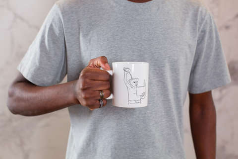 White ceramic mug featuring an illustrated design of Leuven city symbol, Fonske statue. 