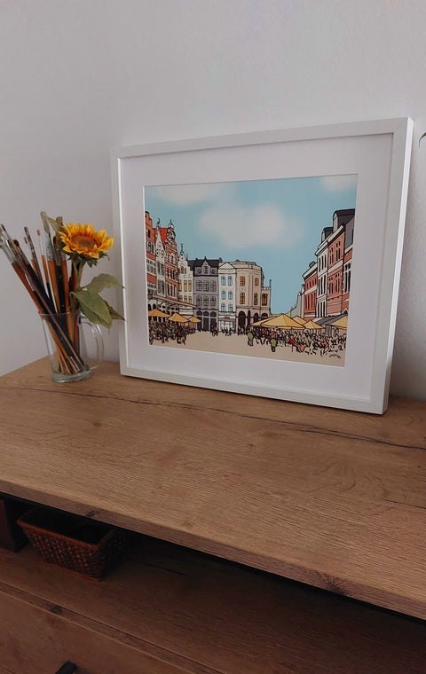 Leuven Grote Markt illustration poster . It shows a daily life in Grote Markt. 
