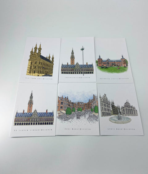 Set of 6 illustrated postcards featuring Leuven’s most iconic landmarks, printed with Indigo digital press for vibrant colors. Includes matching envelopes, size 15 cm x 10 cm.