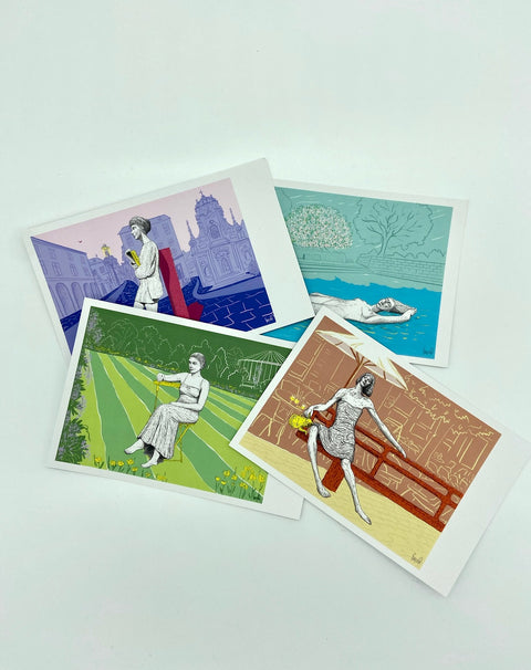 Set of 4 illustrated postcards featuring Leuven’s renowned female statues. Printed on high-quality 200g American Bristol paper, 15 cm x 10 cm.