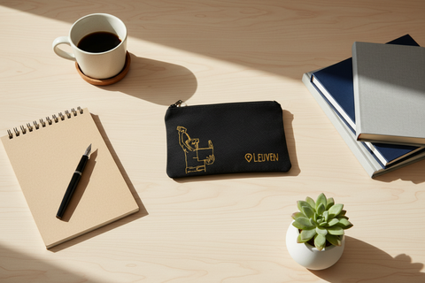 Blackzipper pouch with 'Leuven- Fonske ' writing on it. 