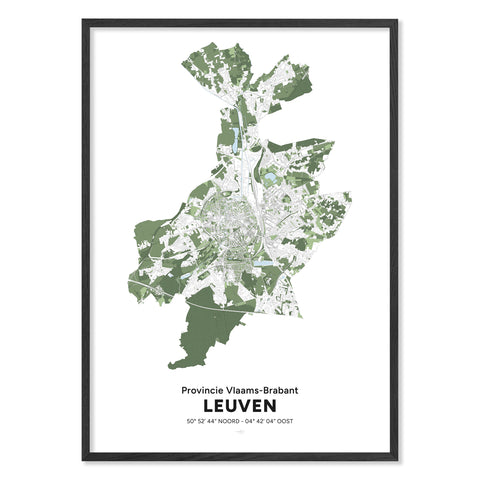 Framed poster featuring a detailed geographical map of Leuven with green and white topographic elements and coordinates, titled “Provincie Vlaams-Brabant Leuven.