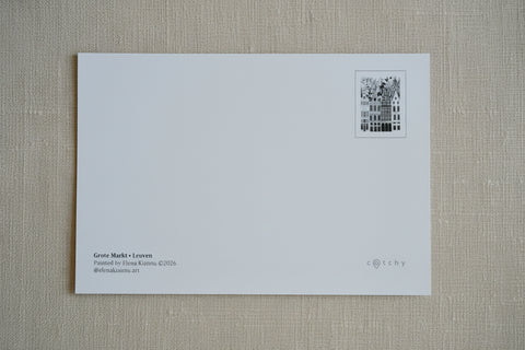 A white art print card featuring a black-and-white architectural illustration in the top right corner, placed on a light wood surface. Text at the bottom left reads 'Grove Marks + Leaves' with artist credit 'Painted by Elena Karam.