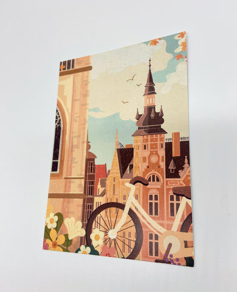 Featuring detailed illustrations of the city’s iconic corner, Mechelsestraat, this postcard is a perfect memento or gift for those who appreciate the city's historical beauty.