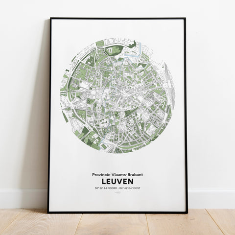 Framed poster featuring a detailed geographical map of Leuven with green and white topographic elements and coordinates, titled “Provincie Vlaams-Brabant Leuven