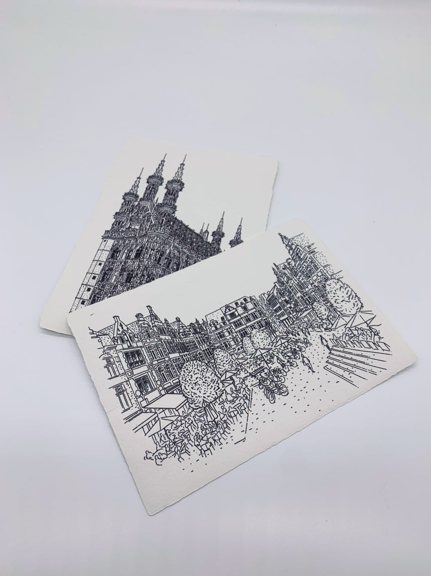 Postcard Set- Handmade recycled paper, Leuven Old Town Hall and Oude Markt