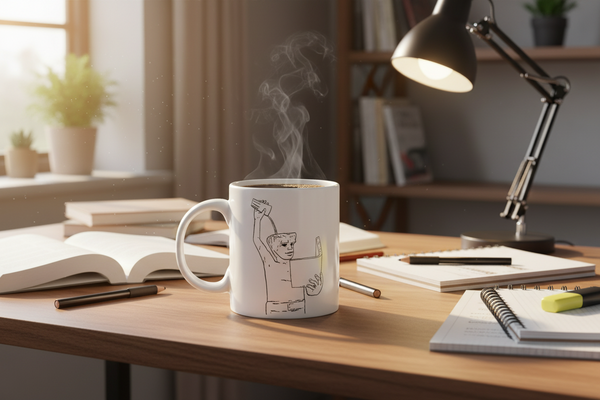 White mug with a black line drawing of Fonske on a white background