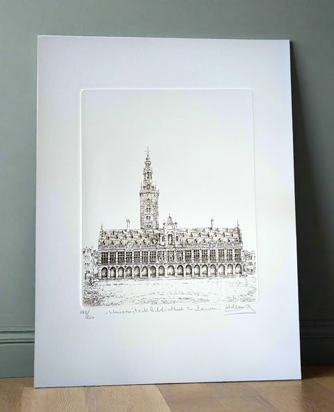 Limited-edition etching of KU Leuven University Library in Leuven by Belgian artist André Wellens. Handmade using traditional acid etching on eco-friendly paper. A rare collector’s piece, individually signed and numbered, with no reprints available. Perfect gift for architecture and fine art lovers.