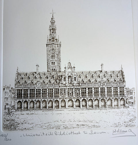 limited-edition etching of KU Leuven University Library in Leuven by Belgian artist André Wellens. Handmade using traditional acid etching on eco-friendly paper. A rare collector’s piece, individually signed and numbered, with no reprints available. Perfect gift for architecture and fine art lovers.