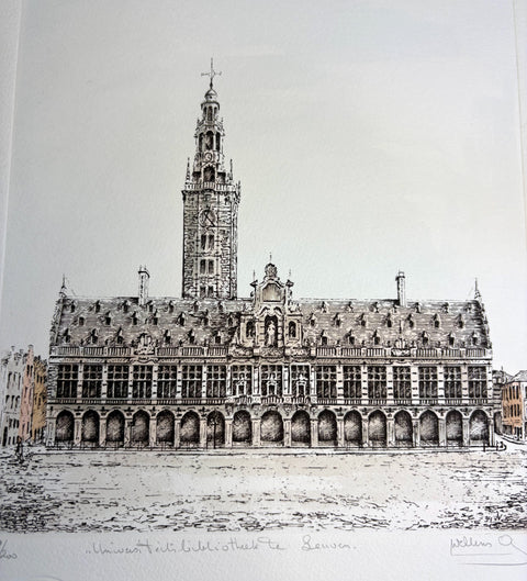 limited-edition etching of KU Leuven University Library in Leuven by Belgian artist André Wellens. Handmade using traditional acid etching on eco-friendly paper. A rare collector’s piece, individually signed and numbered, with no reprints available. Perfect gift for architecture and fine art lovers.