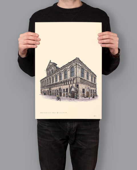 Illustrated poster of KU Leuven’s University Hall displayed on premium paper, celebrating the university’s 600th anniversary.