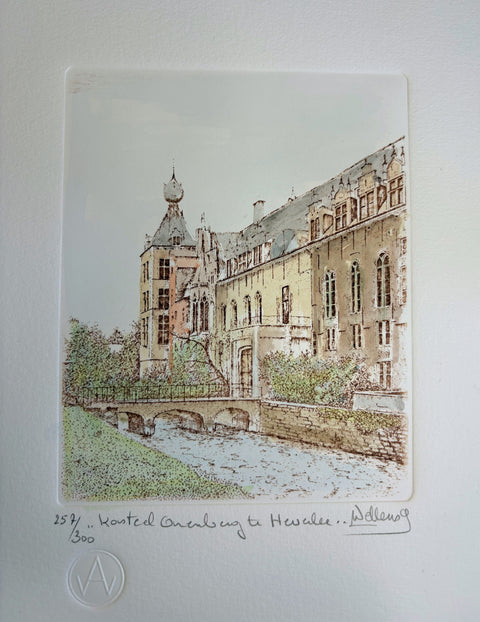 Limited-edition etching of Arenberg Castle in Leuven by Belgian artist André Wellens. Handmade using traditional acid etching on eco-friendly paper. A rare collector’s piece, individually signed and numbered, with no reprints available. Perfect gift for architecture and fine art lovers.