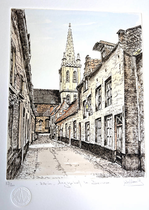 Limited-edition etching of Klein Begijnhof in Leuven by Belgian artist André Wellens. Handmade using traditional acid etching on eco-friendly paper. A rare collector’s piece, individually signed and numbered, with no reprints available. Perfect gift for architecture and fine art lovers.