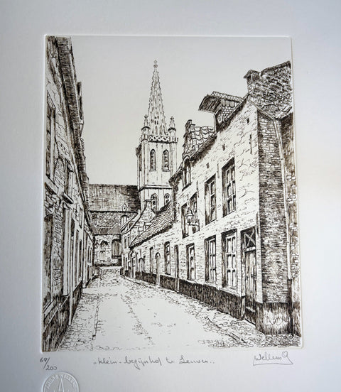 Limited-edition etching of Klein Begijnhof in Leuven by Belgian artist André Wellens. Handmade using traditional acid etching on eco-friendly paper. A rare collector’s piece, individually signed and numbered, with no reprints available. Perfect gift for architecture and fine art lovers.