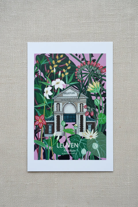 A vertical art print featuring a stylized illustration of the Leiluvien building in Leuven, surrounded by lush green foliage and pink flowers, displayed on a textured beige linen background.