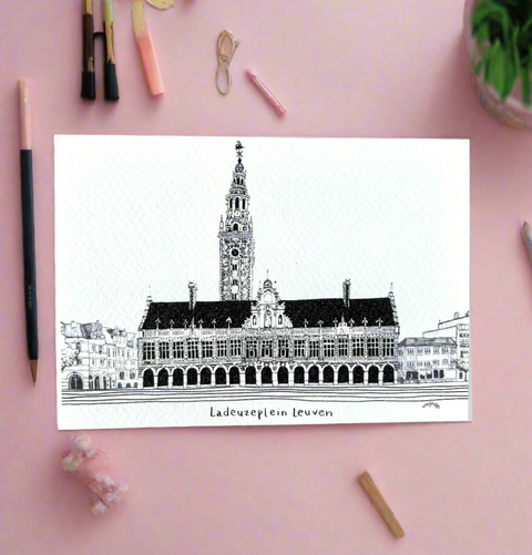 LEuven Ladeuzeplein black and white postcard.