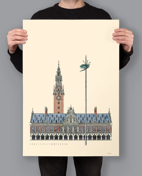 Poster featuring a detailed illustration of Leuven’s iconic square, Ladeuzeplein, with the text “Ladeuzeplein • Leuven” on a cream background.