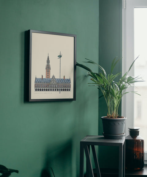 Poster featuring a detailed illustration of Leuven’s iconic square, Ladeuzeplein, with the text “Ladeuzeplein • Leuven” on a cream background.