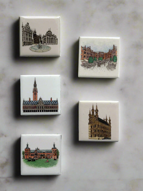 Square ceramic magnet set featured with LEuven landmark illustrations