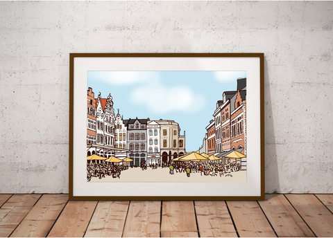 Illustration features Sunshine and sipping at the Grote Market. Leuven Poster. 