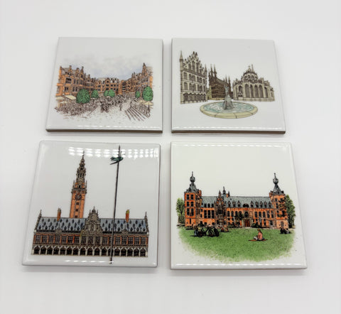 Ceramic coaster set featuring detailed illustrations of iconic landmarks of the Leuven on a glossy white background