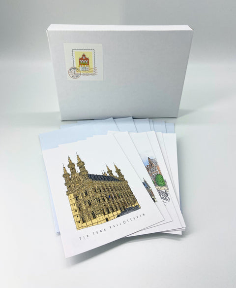 Set of 6 illustrated postcards featuring Leuven’s most iconic landmarks, printed with Indigo digital press for vibrant colors. Includes matching envelopes, size 15 cm x 10 cm.