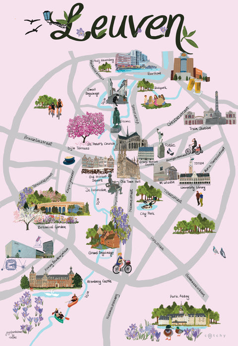 Dutch-language poster featuring a colorful illustrated map of Leuven with key landmarks, parks, and attractions, displayed on a modern white wall.