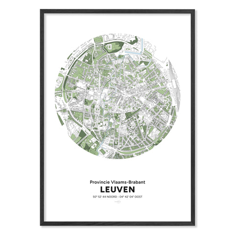 A framed poster featuring a detailed geographical map of Leuven with green and white topographic elements and coordinates is titled “Provincie Vlaams-Brabant Leuven.