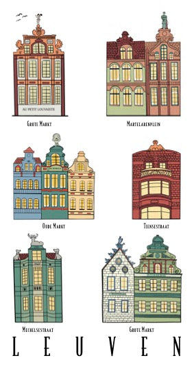 Postcard featuring charming illustrated façades of historic old houses from various Leuven locations, including Grote Markt, Oude Markt, Mechelsestraat, Martelarenplein, and Tiensestraat, with “LEUVEN” printed below.