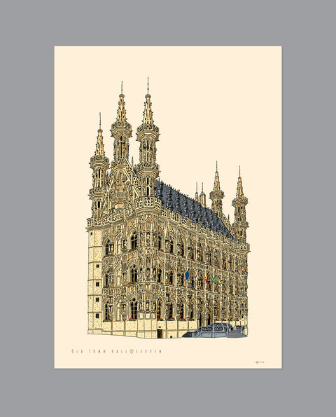 Illustrated print of Leuven’s 15th-century Old Town Hall, featuring intricate Gothic architecture. Digitally offset printed on high-quality 170 gr/m² coated paper, available in two sizes (48x68 cm, 33x48 cm).