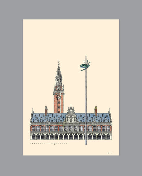 Poster featuring a detailed illustration of Leuven’s iconic square, Ladeuzeplein, with the text “Ladeuzeplein • Leuven” on a cream background.