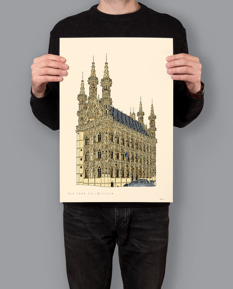 Poster featuring a detailed architectural illustration of Leuven’s Old Town Hall, with the text “Old Town Hall • Leuven” on a cream background..