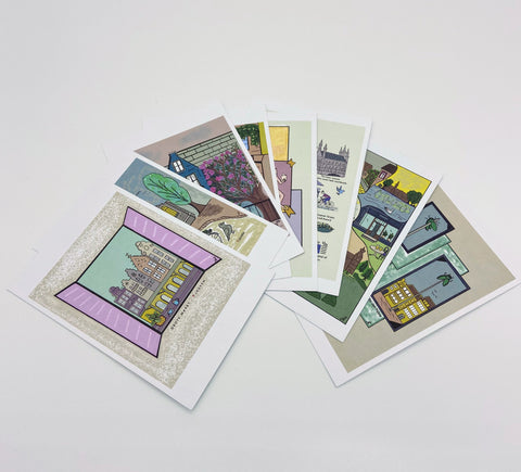 Set of 9 Leuven-themed postcards featuring vibrant illustrations of the city's iconic landmarks. Includes envelopes, postcard size 15 cm x 10 cm. Perfect as a keepsake or gift.