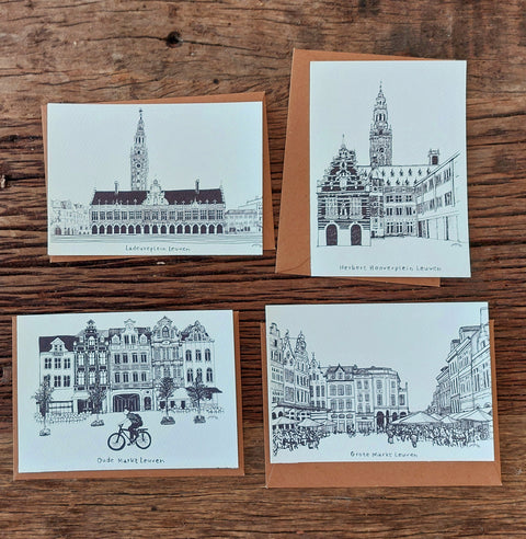 Leuven in Lines is a limited edition postcard set featuring four iconic Leuven scenes. Each postcard is a detailed hand-drawn black-and-white illustration, celebrating the architectural charm and everyday life of the city.